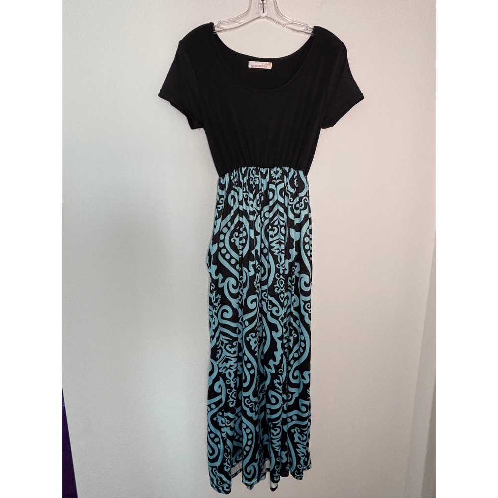 Mokingtop Black Teal Damask Print Empire Waist Maxi Dress Small